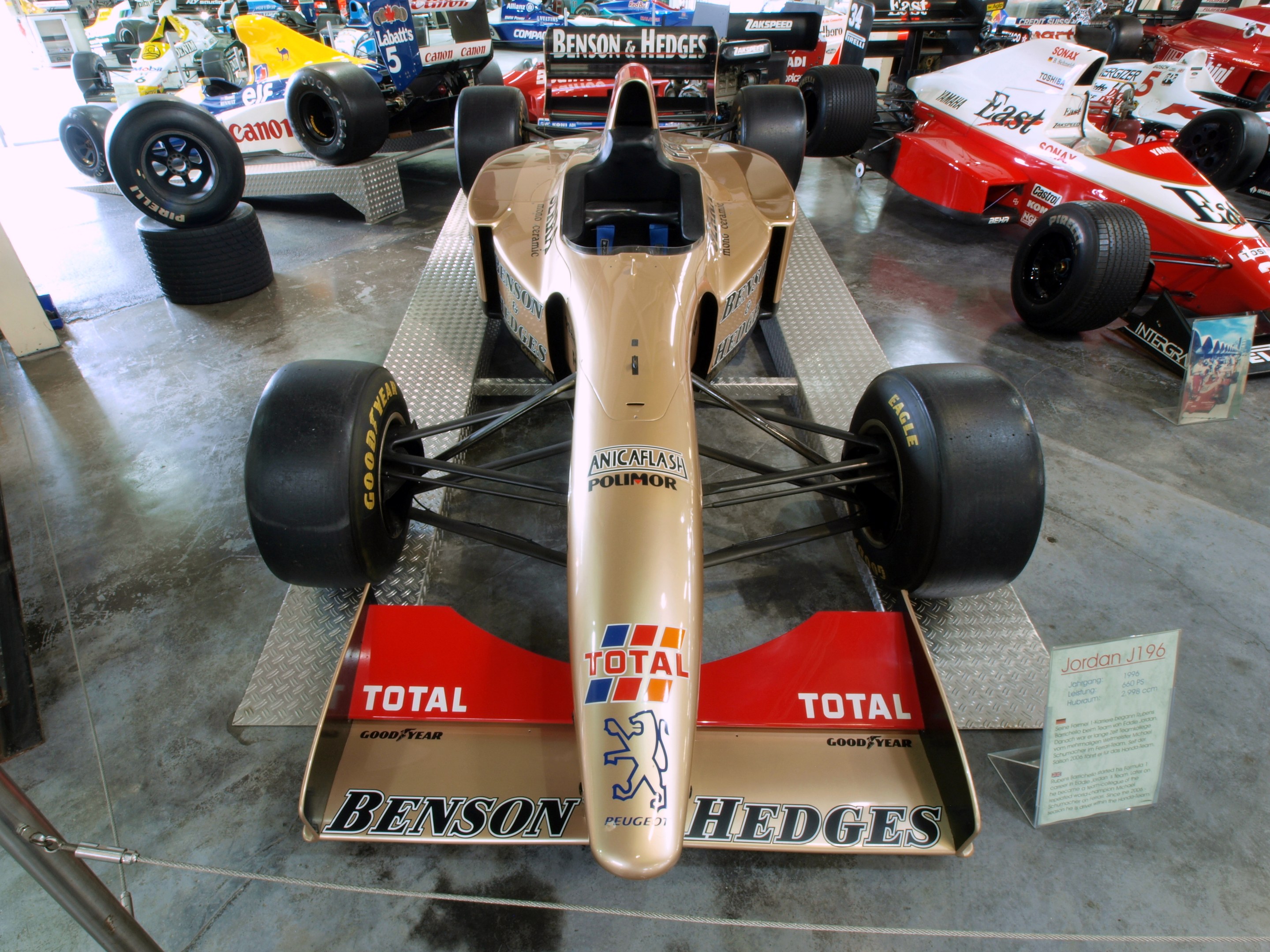 Rennwagen in einem Motorsportmuseum ausgestellt, getrennt von Besuchern durch einen Metallzaun.