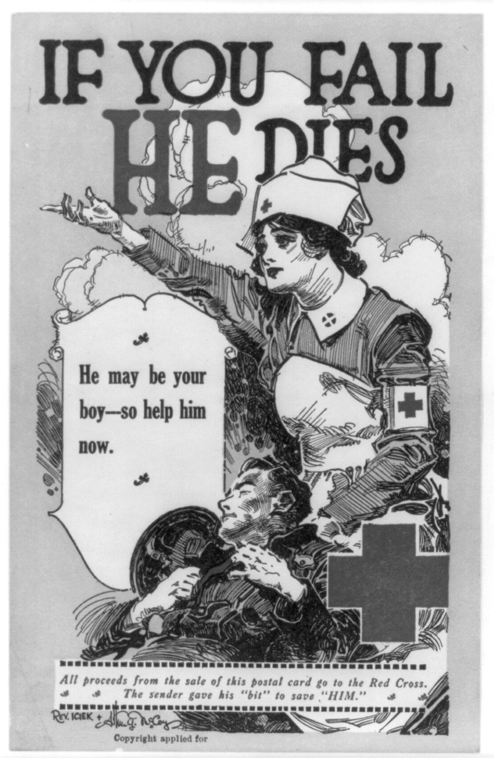 Plakat mit einem Schwarz-Weiß-Bild einer entschlossenen Frau und eines besorgten Mannes, das den Text "Wenn du scheiterst, stirbt er, er könnte dein Junge sein - also hilf ihm jetzt." zeigt