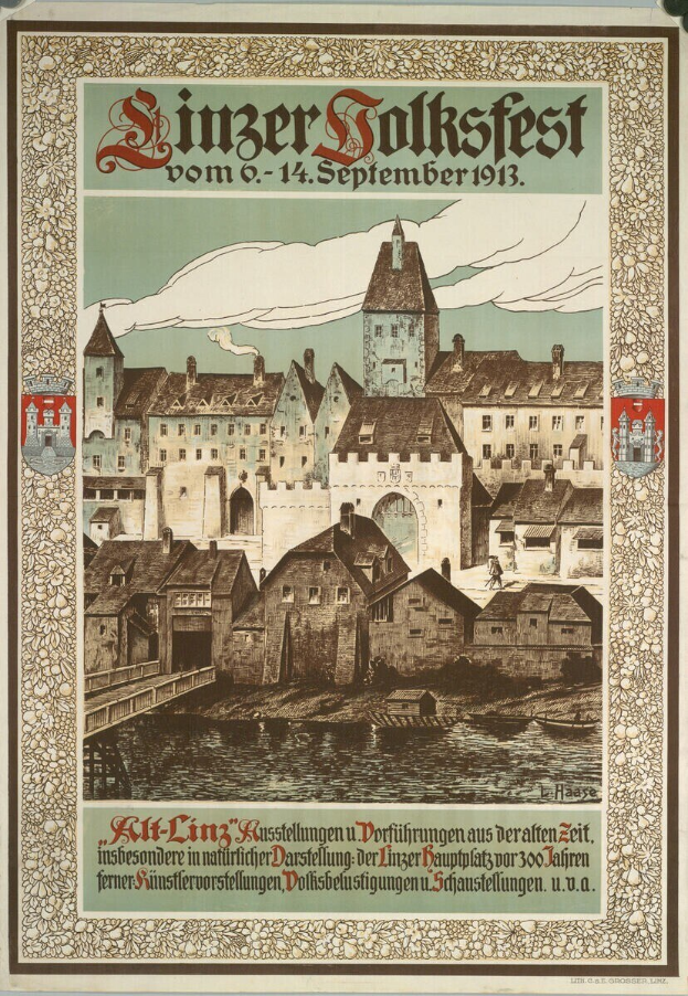 Alter deutscher Festplakat mit einer Burg-Illustration umgeben von Häusern und Text, der wahrscheinlich Festival-Informationen enthält.