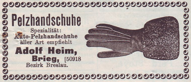 Eine alte deutsche Visitenkarte mit einem Paar Handschuhen und beschreibendem Text.