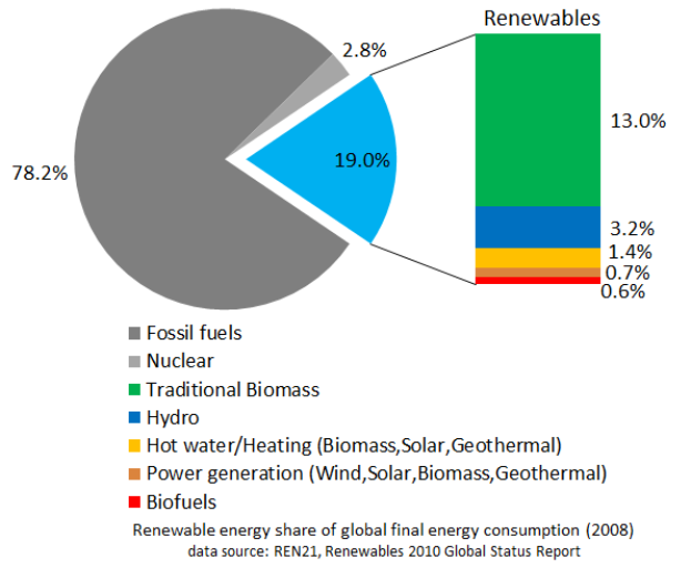 Ein Kreisdiagramm, das den globalen erneuerbaren Energieverbrauch im Jahr 2008 zeigt, unterteilt in Abschnitte für fossile Brennstoffe, Kernenergie, Wasserkraft, Warmwasser, Heizung, Biomasse, Solarenergie, Geothermie und Biokraftstoffe, mit begleitendem Text, der weitere Datendetails bereitstellt.