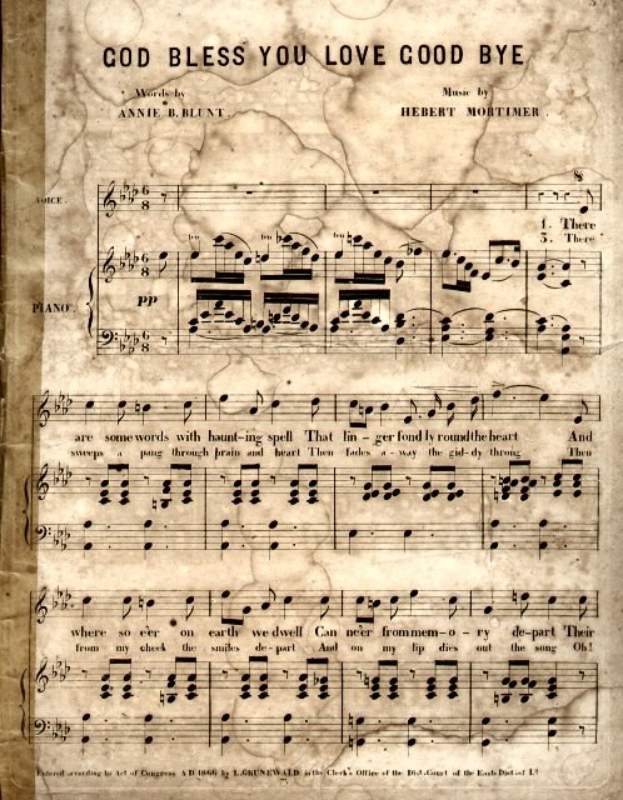 Notenblatt mit der Aufschrift 'God Bless You Love Good Bye' mit musikalischen Noten und Symbolen.