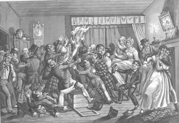 Eine Schwarz-Weiß-Illustration einer Gruppe von Menschen in einem Raum mit einer Uhr an der Wand, Vorhängen im Hintergrund und verschiedenen Gegenständen auf einem Tisch rechts daneben, mit Text unten, der lautet "Die Silvesterparty in London, England".