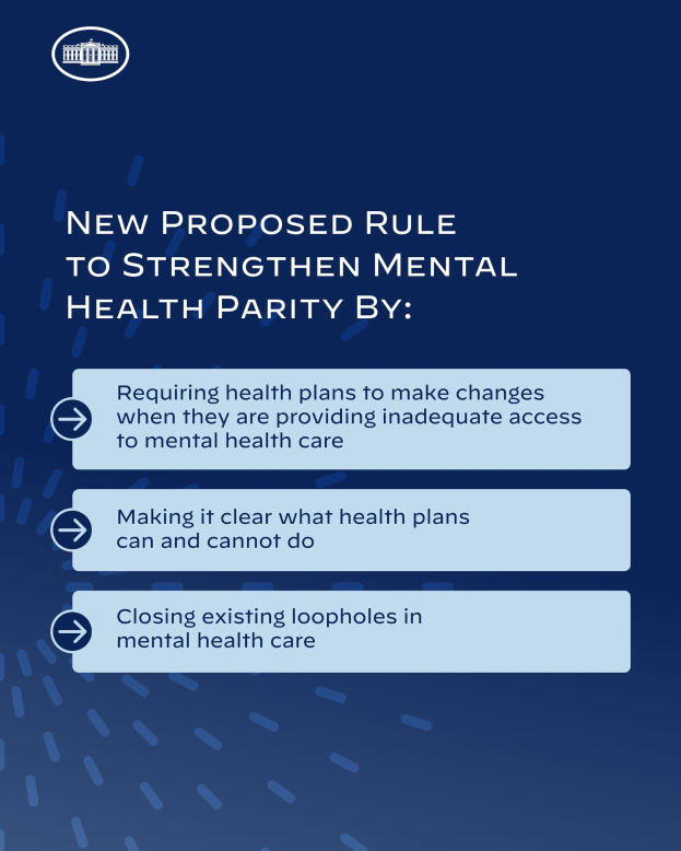 Blauer Hintergrund mit weißer Schrift und einem weißen Kreis-Logo mit einer blauen Umrandung, das eine neue vorgeschlagene Regel zur Stärkung der mentalen Gesundheit abbildet.