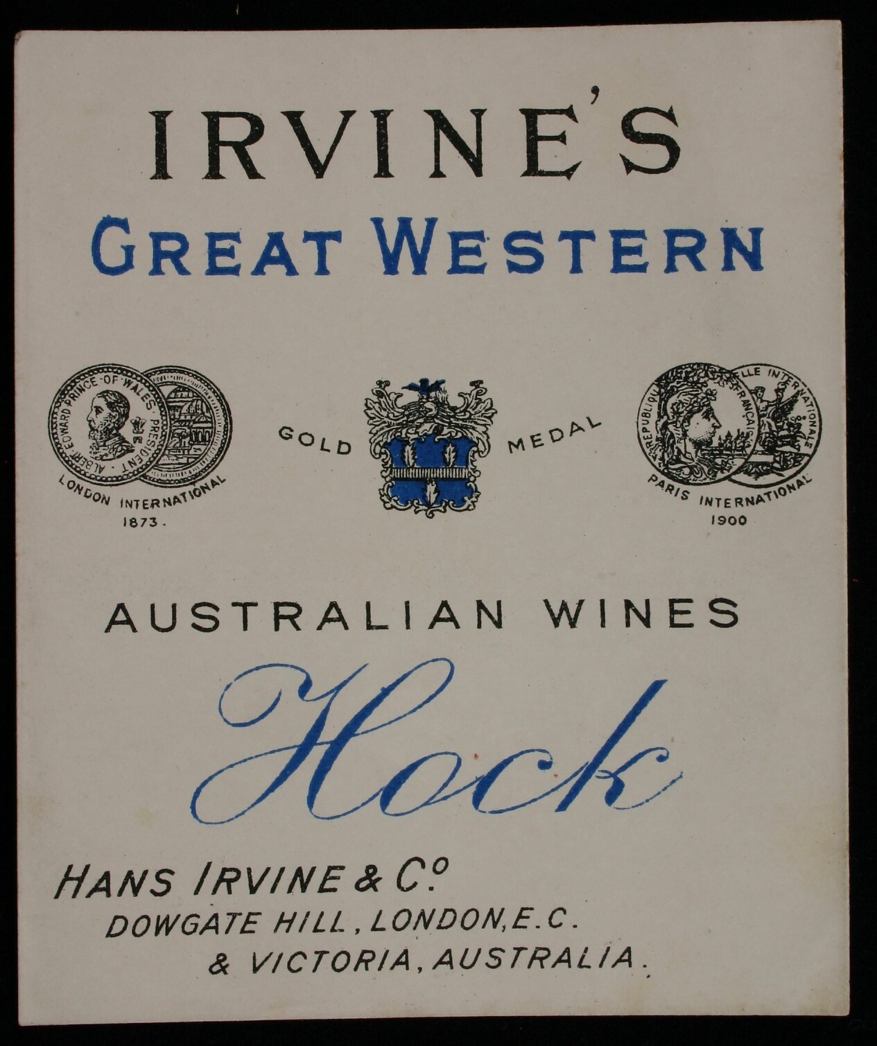 Plakat, das Irvines Great Western Australian Wines Hock bewirbt und Unternehmenslogos und Text enthält.