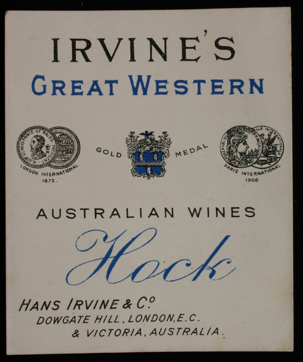 Plakat, das Irvines Great Western Australian Wines Hock bewirbt und Unternehmenslogos und Text enthält.