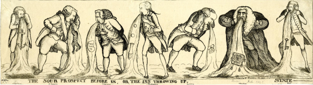 Eine Zeichnung einer Gruppe von beunruhigten Menschen, die zusammenstehen, mit dem Text "Die bittere Aussicht vor uns, oder die Ins werfen hoch" darüber.