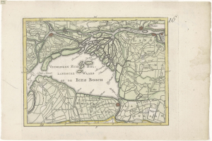 Ein detaillierter alter Stadtplan von Bies Bosch, Deutschland, der Straßen, Gebäude und Sehenswürdigkeiten mit Textanmerkungen zeigt.