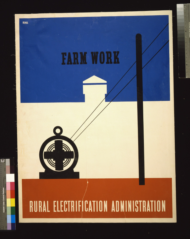 Plakat mit fetter schwarzer Schrift "Landwirtschaftliche Arbeit Stromversorgung" auf weißem Hintergrund, umrandet von einem schmalen schwarzen Rand, mit einer Grafik eines Hofes mit Traktor und Scheune.