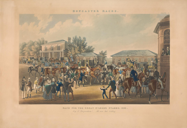 Eine Gruppe von Menschen, die auf Pferden vor einem Gebäude reitet, mit Bäumen und Wolken im Hintergrund und dem Text "Doncaster Races, Race for the Great Stakes, 1839" unten.