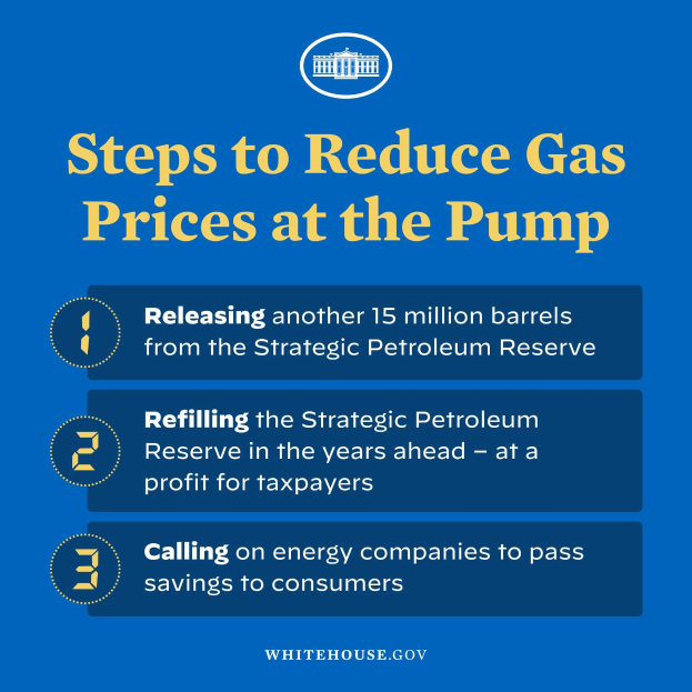 Plakat mit vier Schritten zur Verringerung der Benzinpreise an der Zapfsäule, mit blau-weißem Zapfsäulenlogo, unterteilt in beschriftete Abschnitte mit fetter Schrift.