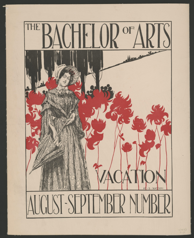 Plakat mit schwarzem Hintergrund, das eine Frau in einem weißen Kleid mit einer blauen Stola und einem weißen Hut zeigt, die in einem Feld gelber Blumen unter einem blauen Himmel steht, betitelt "The Bachelor of Arts Vacation August-September Number" in weißer fetter Schrift mit goldenem Rahmen.