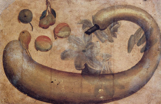 Gemälde einer Banane mit einer Blume darauf, umgeben von verschiedenen Früchten und Blättern auf Papier, mit leuchtenden Farben und detaillierter Darstellung.