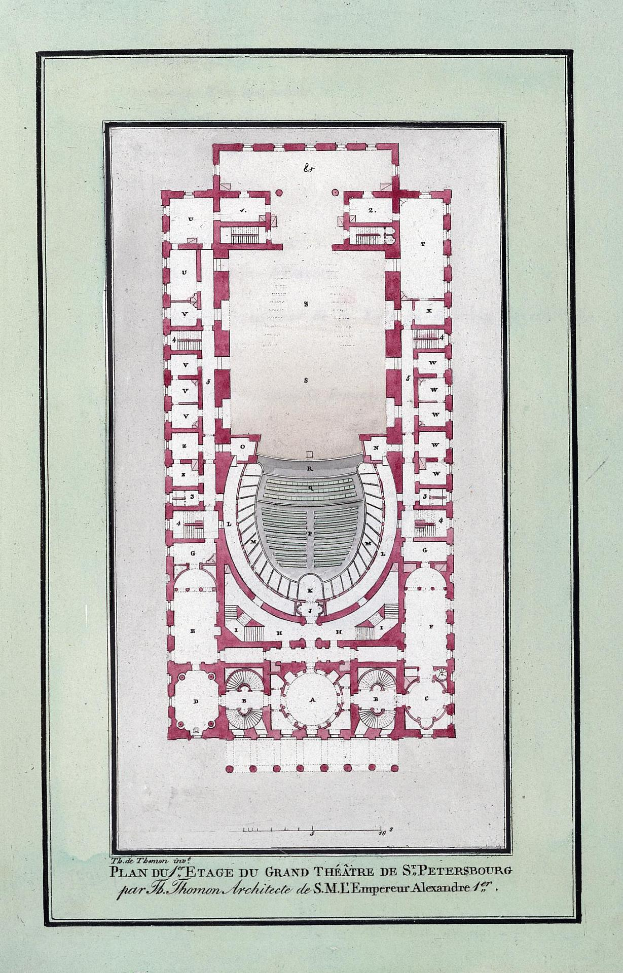 Ein detailliertes Grundriss-Zeichnung des Großen Theaters von St. Petersburg, mit Text, der die Raumgrößen, Fenster- und Türpositionen beschreibt.