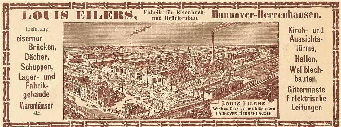 Schwarze und weiße Werbung für die Louis Eilers Hannover-Herrenhausen-Fabrik, die das Fabrikgebäude mit begleitendem Text zeigt.