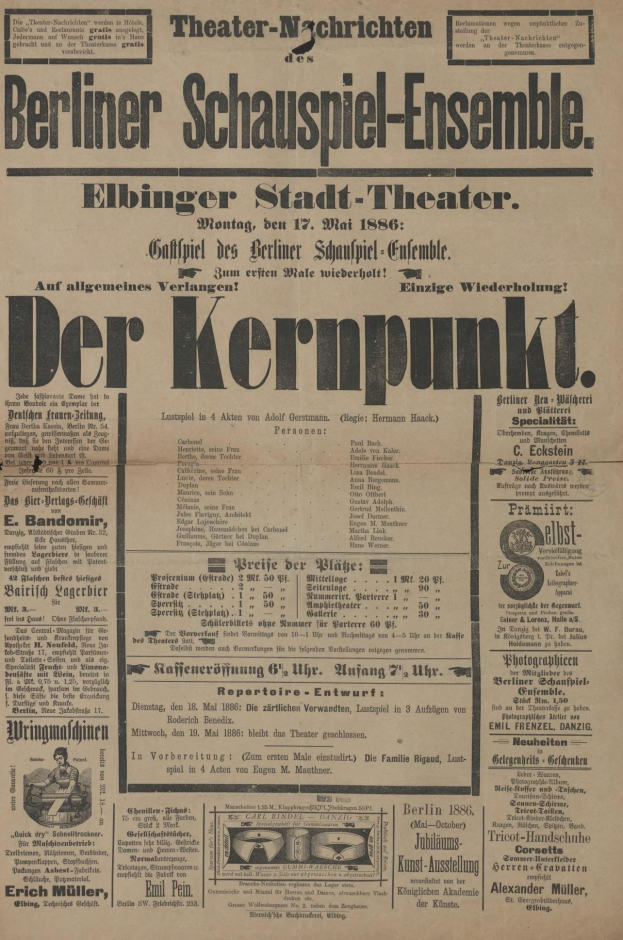Eine alte Zeitungsanzeige für das Berliner Schauspiel-Ensemble, die einen Mann in Anzug und Krawatte zeigt, mit beschreibendem Text zum Ereignis.