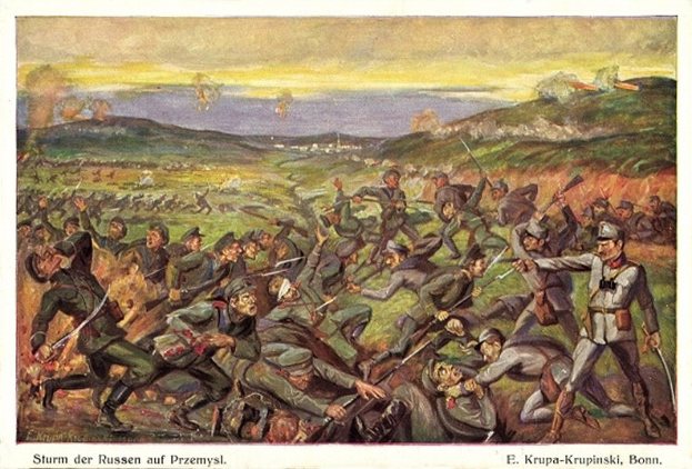 Gemälde, das eine Schlachtenszene mit Soldaten in Militäruniformen zeigt, einige halten Gewehre, mit der deutschen Inschrift "Sturm der Russen auf Przemysl" unten.