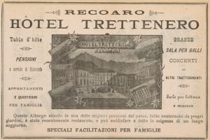 Alte Werbung für das Hotel Trettenero mit einem Gebäudebild und beschreibendem Text.