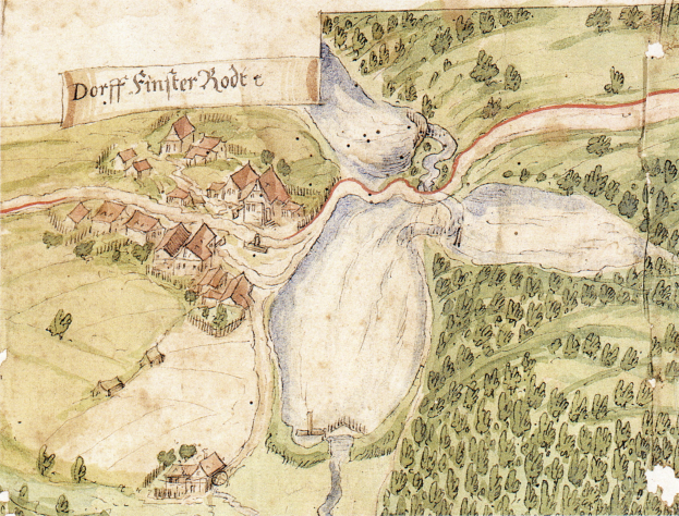 Schwarze und weiße Karte eines kleinen Dorfes mit einem Fluss, Häusern, Bäumen und Gras, mit Text.