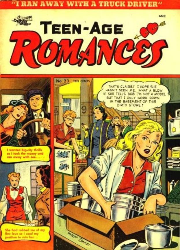 Ein buntes DC-Comics-Plakat mit der Aufschrift 'Teen-Age Romances 23-A', das eine Gruppe von Menschen zeigt, die sich umarmen und lächeln.