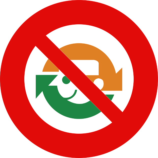 Ein rotes und weißes Schild mit fetter schwarzer Schrift, die 'No Recycle' lautet, und einem Pfeil nach rechts.