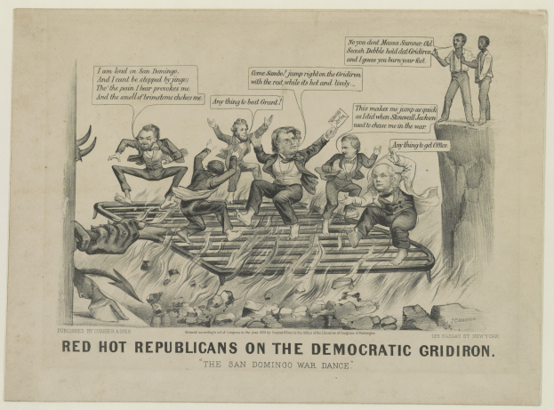 Eine Zeichnung auf Papier, die rote Figuren auf einem Gitter zeigt, deren Gesichter vor Wut verzerrt sind und die Arme erhoben haben, begleitet von schwarzer Schrift.