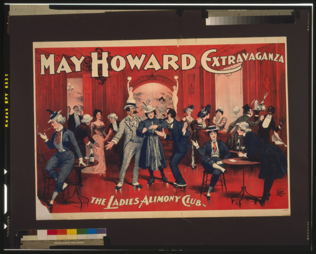 Plakat für das May Howard Extravaganza im Ladies Alimony Club, das eine Gruppe von Menschen an Tischen mit Text auf dem Plakat zeigt.