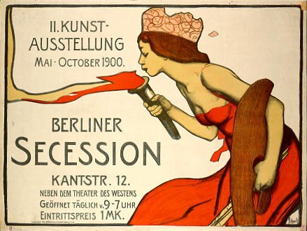 Plakat von der Berliner Secession 1900, das eine Frau in rotem Kleid zeigt, die ein Objekt hält, mit Text zu den Veranstaltungseinzelheiten.