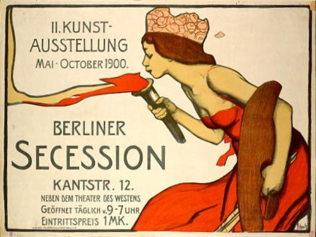 Plakat von der Berliner Secession 1900, das eine Frau in rotem Kleid zeigt, die ein Objekt hält, mit Text zu den Veranstaltungseinzelheiten.