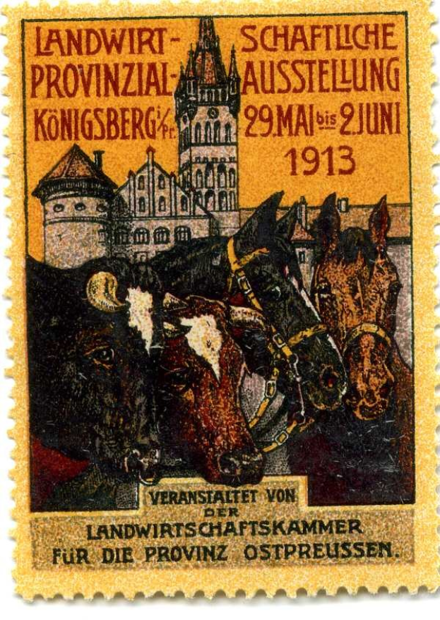 Deutscher Briefmarkenstempel aus dem Jahr 1913 mit drei Kühen und einem Schloss, auf dem der Text "Landwirtschaftskammer" gedruckt ist.