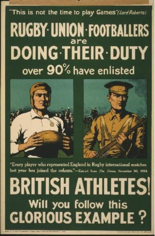 Britisches WWI-Recruiting-Plakat mit zwei Rugby-Union-Fußballern in Militäruniformen, mit Text zur Förderung der Athleteneinsatz.