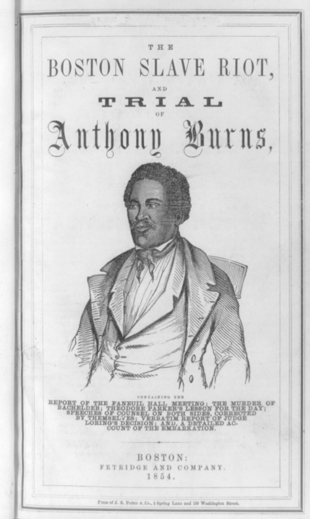 Ein Plakat mit einer entschlossenen Person in einem Anzug, auf dem in fetter schwarzer Schrift "The Boston Slave Riot, Trial of Anthony Burns" steht.