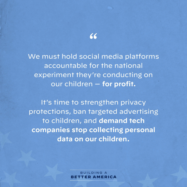 Plakat mit einem Zitat aus Building a Better America, das die Verantwortung von Social-Media-Plattformen für Experimente an Kindern für Gewinne fordert, dekoriert mit Sternen.