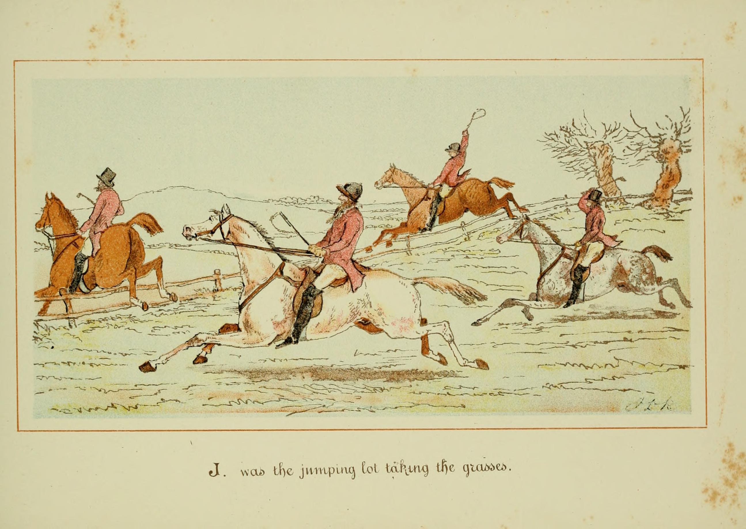 Gruppe von Menschen, die Pferde in schneebedeckter Landschaft mit Bäumen im Hintergrund reiten, Text unten.