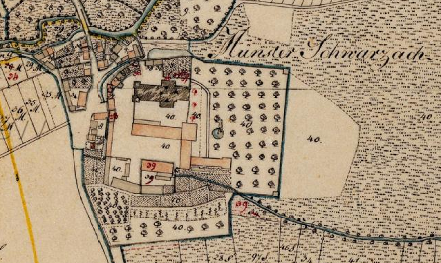 Ein detaillierter alter Stadtplan von München, Deutschland, mit Schwarzach in der Mitte, der Straßen, Gebäude und Text über die Größe, Lage und Geschichte der Stadt zeigt.