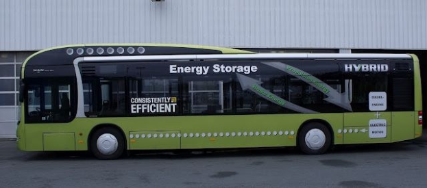Ein grüner Elektrobus steht auf der Straße vor einem Gebäude mit einer Wand im Hintergrund, das wie ein Energiespeichergebäude aussieht.