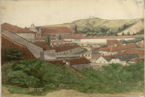 Gemälde einer kleinen Stadt mit einer Kirche im Hintergrund, umgeben von Bäumen, Hügeln und einem klaren blauen Himmel, datiert Wiesbaden, Deutschland, 1824.