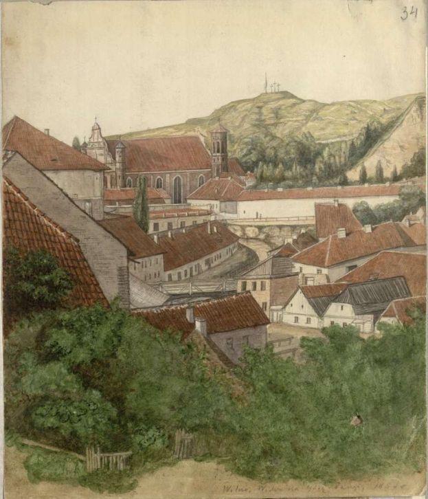 Gemälde einer kleinen Stadt mit einer Kirche im Hintergrund, umgeben von Bäumen, Hügeln und einem klaren blauen Himmel, datiert Wiesbaden, Deutschland, 1824.