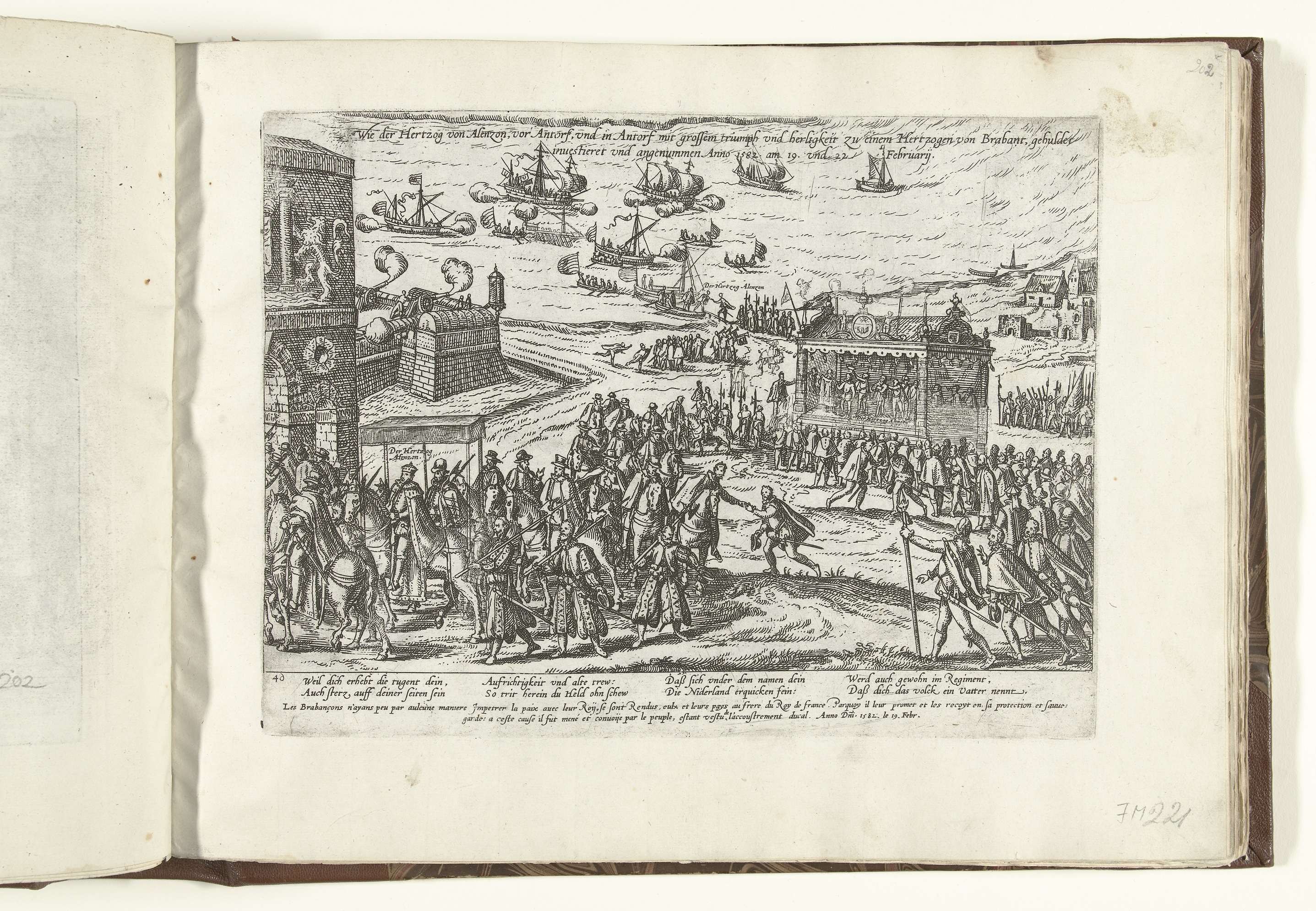 Ein offenes Buch mit einer Zeichnung einer Menge von Menschen, die sich auf einer Seite mit Text und Illustrationen unterhalten.