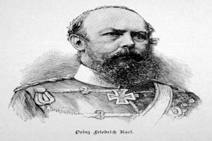 Ein Schwarz-Weiß-Zeichnung eines bärtigen Mannes, identifiziert als Friedrich Karl, König von Deutschland, mit Text unten für zusätzliche Informationen.