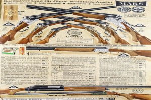 Eine Werbetafel mit verschiedenen Flinten, die Bilder und Texte zu jedem Modell zeigen.