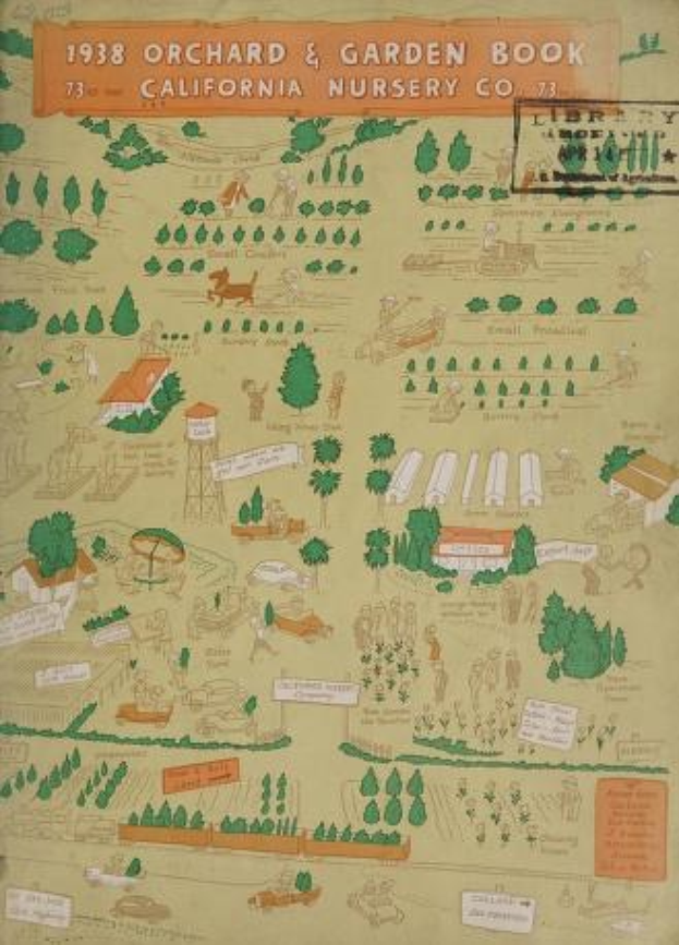 Ein 1938 Obst- und Gartenbuch von California Nursery Co. mit einem detaillierten Plan eines Obstgartens und Gartens mit beschrifteten Bäumen, Häusern, Tieren und Gegenständen.