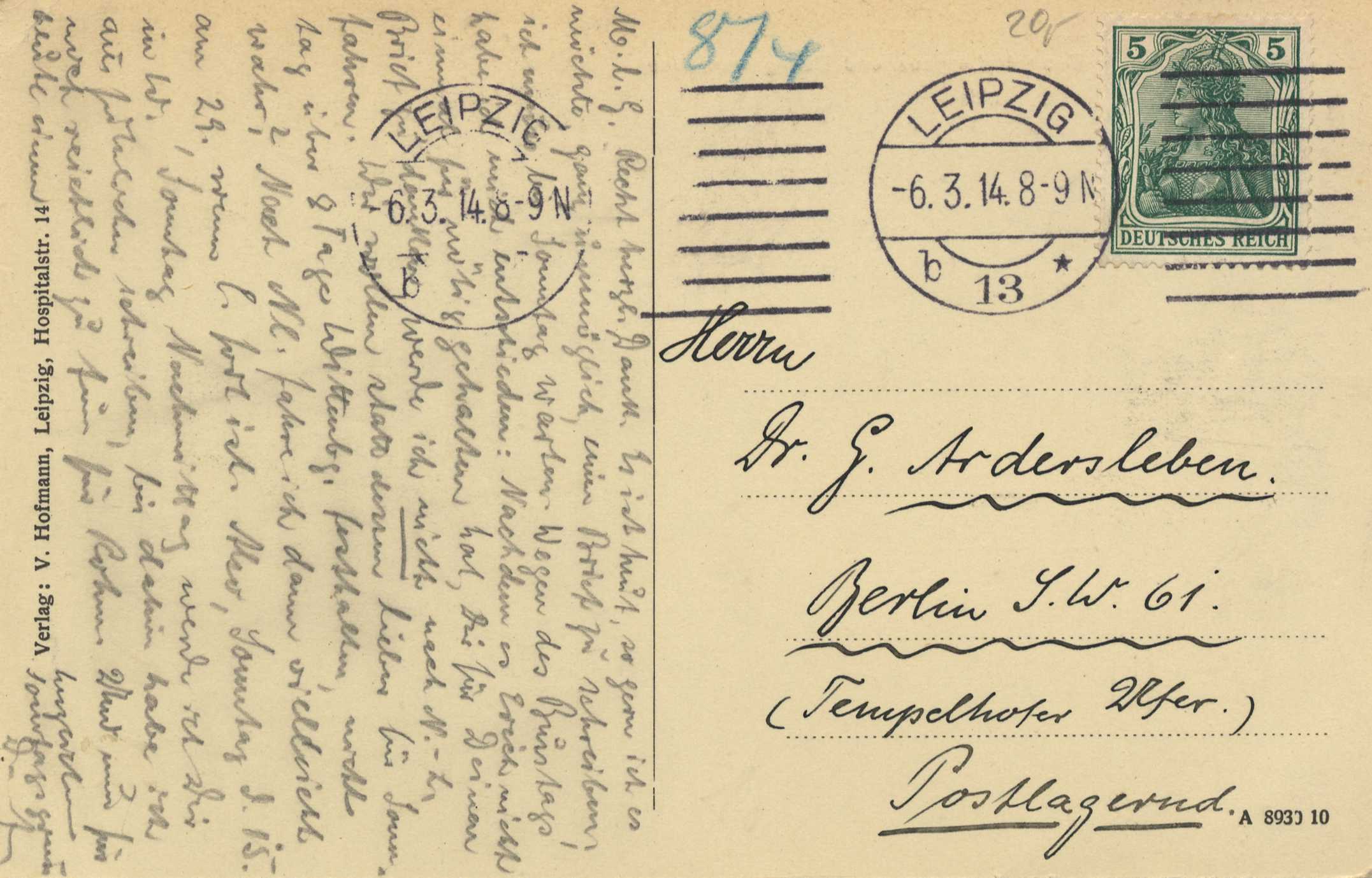 Eine alte Postkarte mit einer Briefmarke, an ein Krankenhaus in Leipzig, Deutschland, adressiert, mit Text auf beiden Seiten.