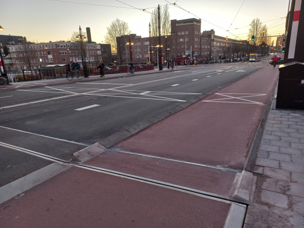 Eine Stadtstraße mit einem Fahrradweg, Fahrzeugen, Radfahrern, Laternen, Bäumen, Gebäuden mit Fenstern und einem Geländer, unter einem sichtbaren Himmel.