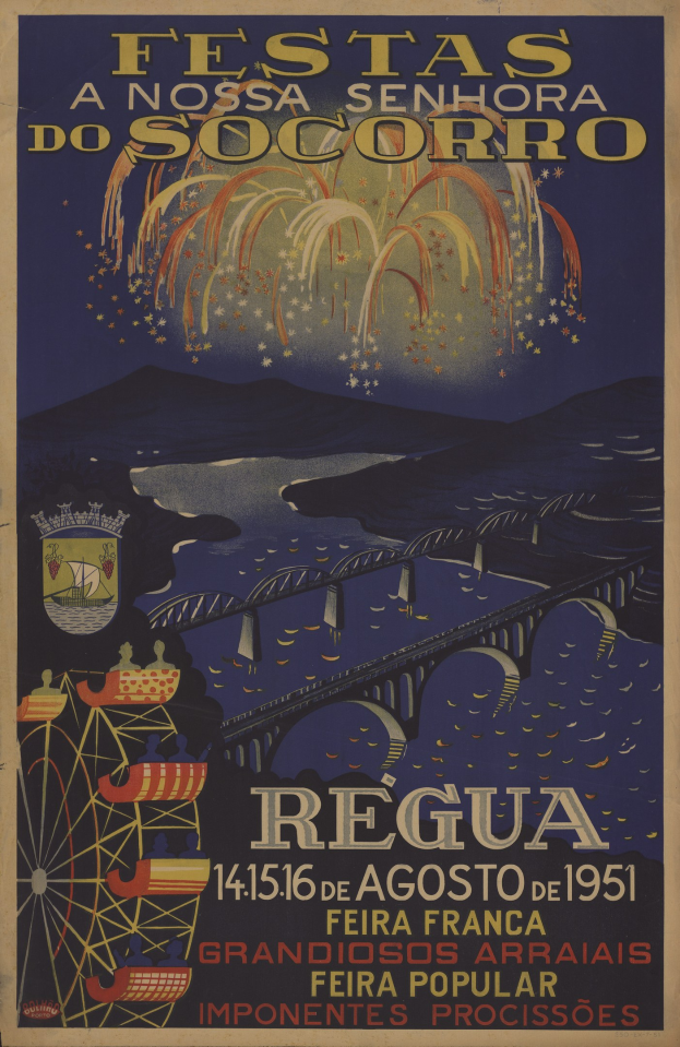 Festivalplakat in Brasilien mit einer Brücke über Wasser, Hügel im Hintergrund und Feuerwerk, mit Text, der Festivaldetails enthält.