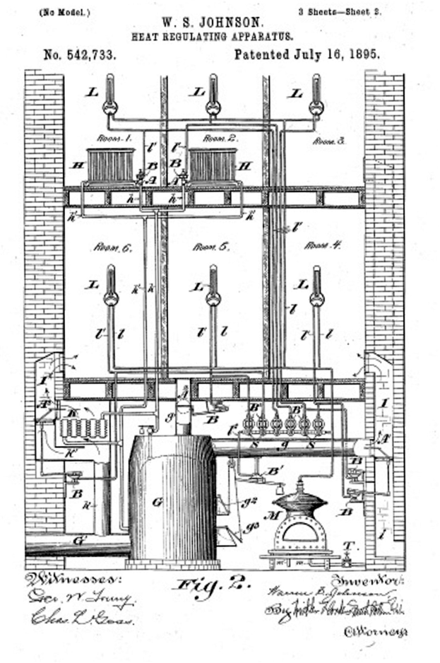 Schwarzes und weißes technisches Zeichnung eines 1885 Wärmeregulierungsgeräts mit zahlreichen Rohren und Ventilen, begleitet von erklärendem Text.