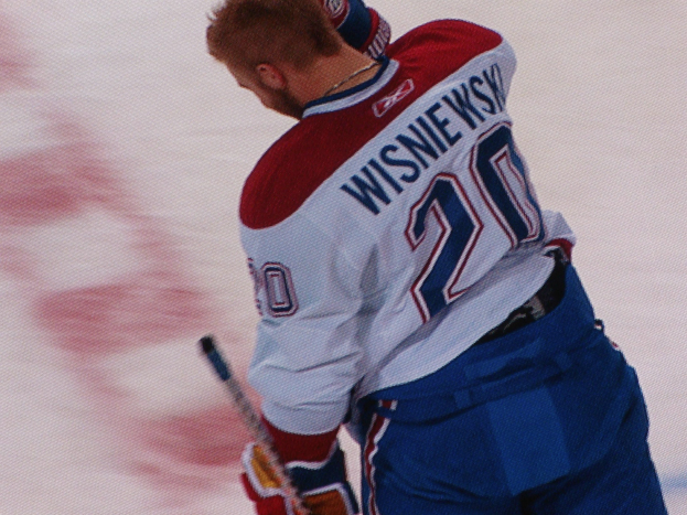 Ein Eishockeyspieler in einem "Wisniewski"-Trikot steht auf dem Eis, eine Hockey-Schläger haltend, mit einem konzentrierten und entschlossenen Gesichtsausdruck.