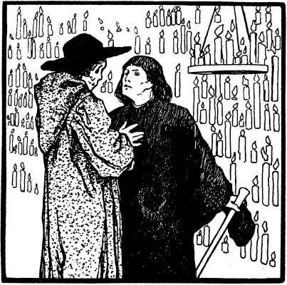 Schwarze und Weiße Illustration Eines Mannes, Der Einen Stock Hält Und Eine Frau Steht Neben Ihm Vor Einer Wand Von Kerzen, Mit Text Unten, Der 'Das Buch Mormon' Liest.