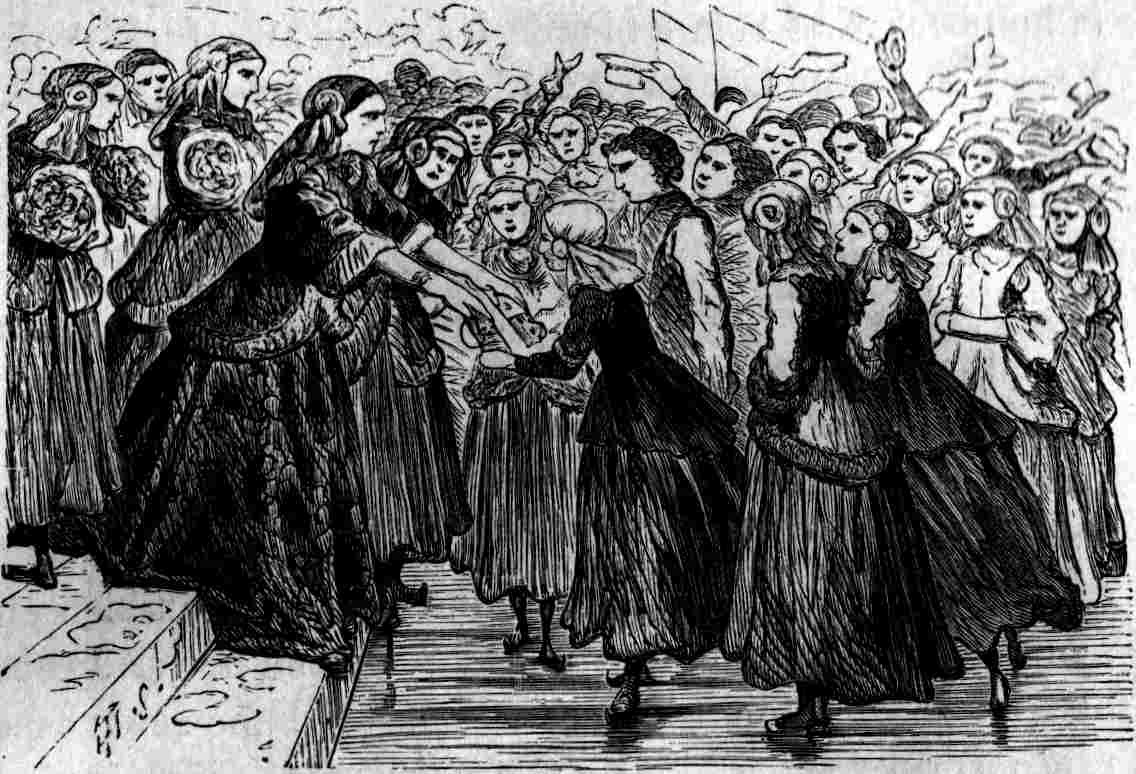 Schwarz-weiß-Zeichnung von Frauen, die vor einem Publikum tanzen, mit einer Treppe auf der linken Seite, unten mit 'Victorian Women's Day' beschriftet.