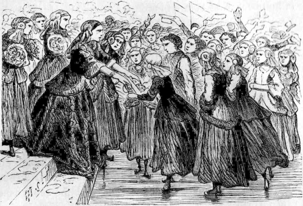 Schwarz-weiß-Zeichnung von Frauen, die vor einem Publikum tanzen, mit einer Treppe auf der linken Seite, unten mit 'Victorian Women's Day' beschriftet.